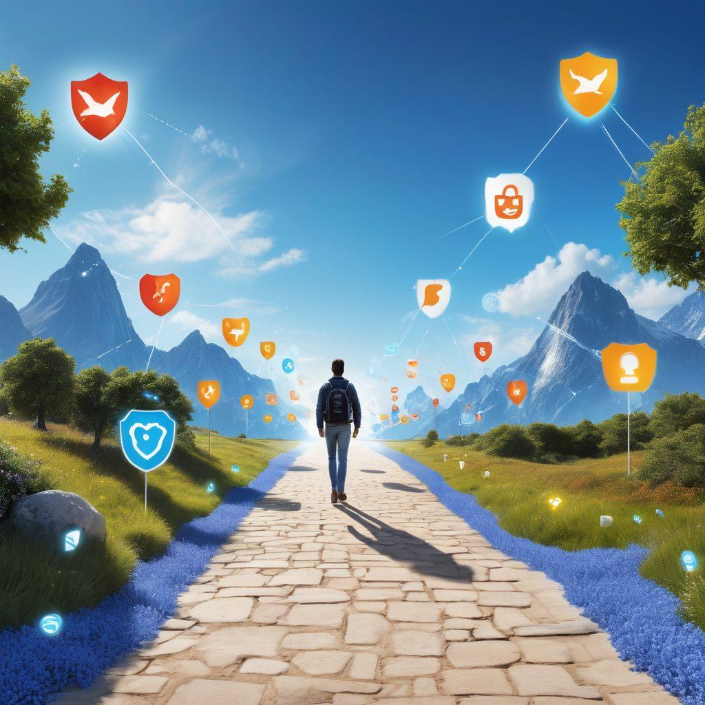 A person confidently navigating a digital landscape filled with trustworthy website icons and online recommendation symbols, surrounded by a glowing path that represents guidance. The background features a serene blue sky transitioning into a vibrant digital world, showcasing elements of security and trust like locks and shields. Bright, inviting colors to create a sense of positivity and safety. super-realistic. vibrant colors. 3D.