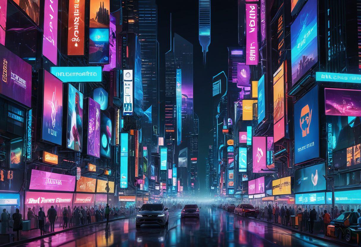 A vibrant digital collage showcasing various top-rated websites on computer screens and smartphones, with colorful icons representing diverse categories like shopping, learning, and entertainment. The background is a futuristic city skyline symbolizing the online world, with engaging visual elements such as social media logos and web symbols. The overall mood is energetic and inviting, encouraging exploration and discovery. super-realistic. vibrant colors. cyberpunk.